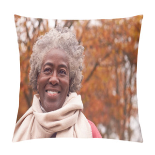 Personality  Head And Shoulders Portrait Of Senior Woman On Walk Through Autumn Countryside Against Golden Leaves Pillow Covers