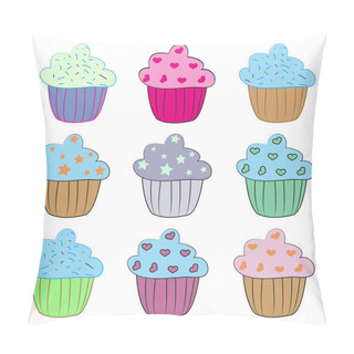 Personality  Set Of Cupcakes And Muffins Collection, Illustration Ghrapics Vector. Pillow Covers
