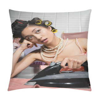 Personality  Dreamy Asian Housewife With Hair And Pearl Necklace Ironing And Looking Away Near Clean And Wet Clothes Hanging On Blurred Background, Housework, Young Woman, Laundry  Pillow Covers