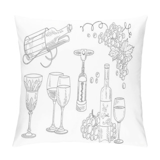 Personality  Wine Set, Hand Drawn Wine Objects, Bottle, Corkscrew, Glass, Grapes Vector Illustration Pillow Covers
