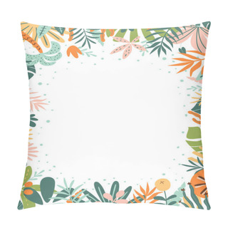 Personality  Jungle Frame. Tropical Leaves, Palm Leaves, Frame Nature Background. Bright Rainforest Card. Cute Jungle Birthday Invitation. Safari Frame. Vector Illustration. Summer Foliage Of Tropical Plants Trees Pillow Covers