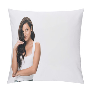 Personality  Smiling Brunette Beautiful Woman With Long Healthy And Shiny Hair Isolated On Grey Pillow Covers