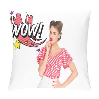 Personality  Portrait Of Pensive Young Woman In Retro Style Clothing And Comic Style Wow Sign Isolated On White Pillow Covers