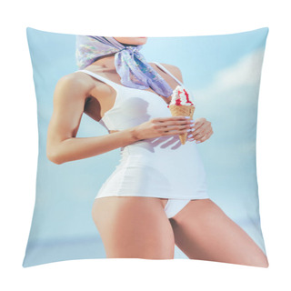 Personality  Cropped View Of Attractive Girl In Retro Swimwear And Silk Scarf Holding Ice Cream In Waffle Cone Pillow Covers
