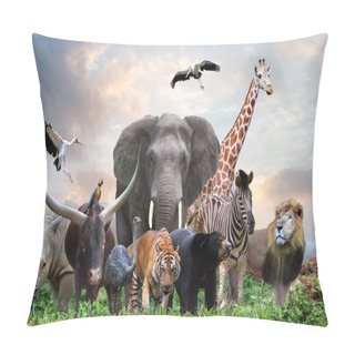 Personality  Group Of Wildlife Animals In The Jungle Together Pillow Covers