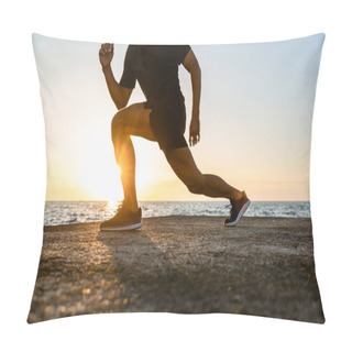 Personality  Cropped Shot Of Athletic Man Doing Lunges During Training On Seashore Pillow Covers