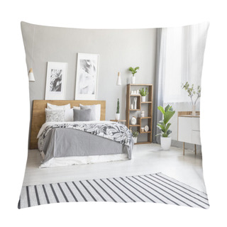 Personality  Striped Carpet In Spacious Bright Bedroom Interior With Posters Above Wooden Bed. Real Photo Pillow Covers