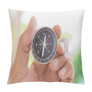 Personality  Man Holding Compass On Blurred Background. For Activity Lifestyl Pillow Covers