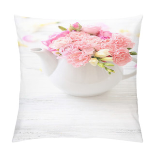 Personality  Beautiful Spring Flowers In Teapot On Wooden Table, Closeup Pillow Covers