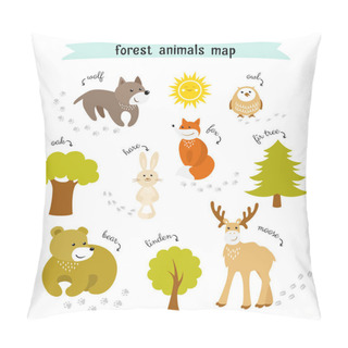 Personality  Forest Animals Vector Map With Trees And Animal Footprints Pillow Covers
