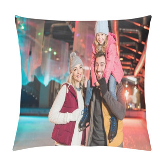 Personality  Happy Young Family Smiling At Camera While Spending Time Together On Rink Pillow Covers