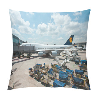 Personality  FRANKFURT, GERMANY - JULY 5: Boarding Lufthansa Jet Airplane In Frankfurt Airport. Pillow Covers