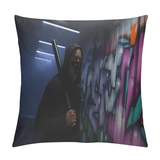 Personality  African American Hooligan In Mask Holding Baseball Bat Near Graffiti And Smoke In Garage  Pillow Covers