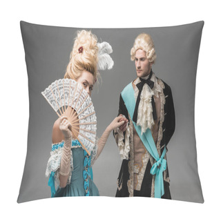 Personality  Beautiful Victorian Woman Covering Face With Fan While Holding Hands With Gentleman On Grey Pillow Covers