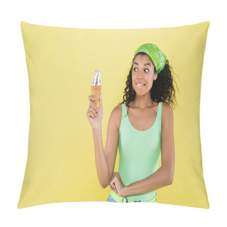 Personality  Curly African American Woman In Green Kerchief Holding Ice Cream And Biting Lips Isolated On Yellow Pillow Covers