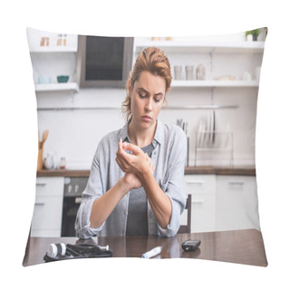 Personality  Attractive Woman Scratching Hand Near Blood Lancet At Home  Pillow Covers