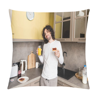 Personality  Happy Man In Pajamas Holding Orange Juice And Toast With Jam While Smiling At Camera Pillow Covers