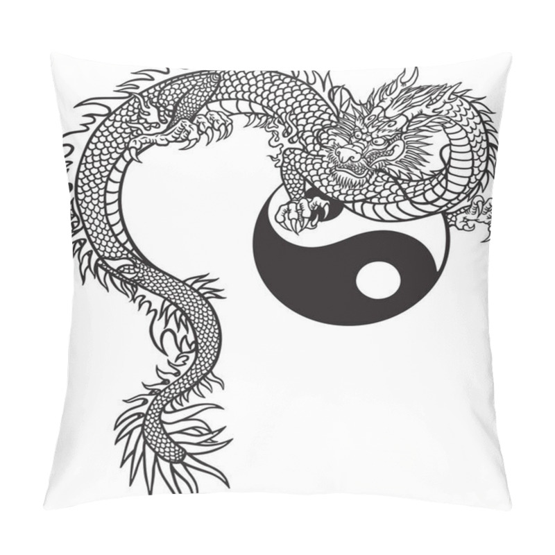 Personality  Eastern dragon and Yin Yang symbol. Black and white outline tattoo vector illustration pillow covers
