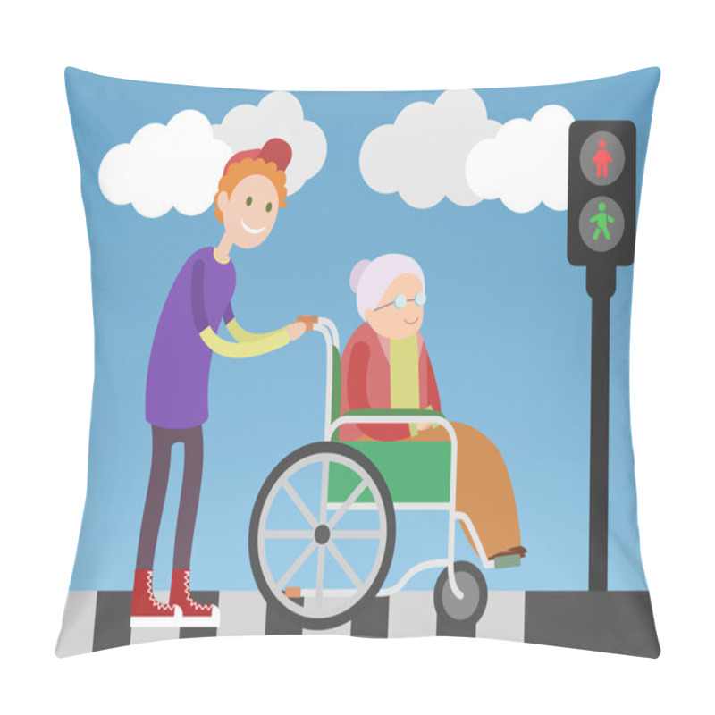 Personality  Kind Boy Helps Old Lady In Wheelchair. Pillow Covers