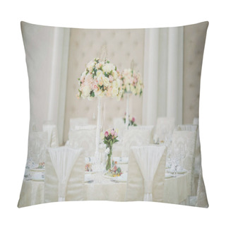 Personality  Beautiful Flowers On Table In Wedding Day. Table Decor With Flowers Table Numbers And Candles. Boquet Of Flowers  On Arranged Table.  Pillow Covers