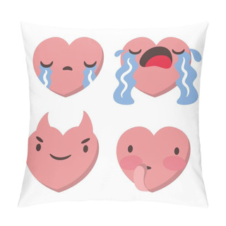 Personality  Set Of Four Heart Shaped Emoticons. Vector Emoji Heads In The Shape Of Hearts With Different Emotions On The Face. Icons Isolated On White Background Pillow Covers