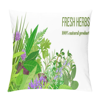 Personality  Card With Pile Of Realistic Popular Culinary Herbs. Herbal Store Logo. Shop Sign Pillow Covers