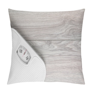 Personality  Scales On Wooden Background, Top View With Space For Text. Weight Loss Pillow Covers