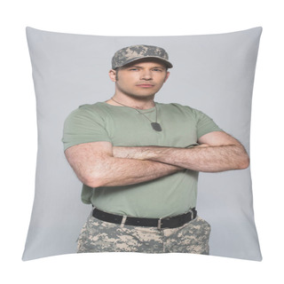 Personality  Soldier In T-shirt And Cap Standing With Folded Arms During Memorial Day Isolated On Grey  Pillow Covers