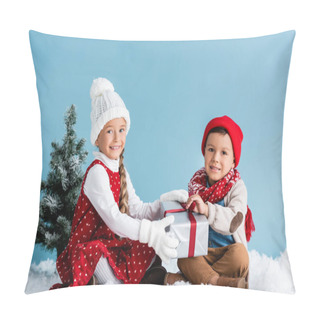 Personality  Kids In Winter Outfit Sitting On Snow And Touching Present Isolated On Blue Pillow Covers
