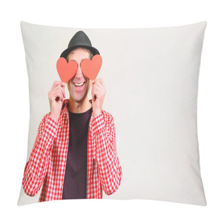 Personality  Romantic Guy Holds Valentine Cards. Be My Valentine. Boyfriend Showing Love Fun Affection. Happy Man In Love. Happy Valentines Day. Funny Man Covers Eyes With Red Hearts Pillow Covers