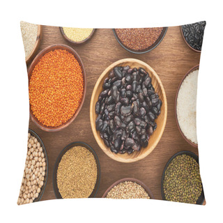 Personality  Top View Of Bowls With Beans, White Rice, Red Lentil, Couscous And Buckwheat And Chickpea On Wooden Surface Pillow Covers