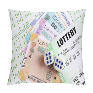 Personality  Green Lottery Tickets And Indian Rupees Money Bills On Blank With Numbers For Playing Lottery Close Up Pillow Covers
