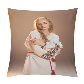 Personality  A Young Mavka Stands Gracefully In A Traditional White Dress With A Striking Red Tassel, Exuding An Air Of Ethereal Beauty. Pillow Covers