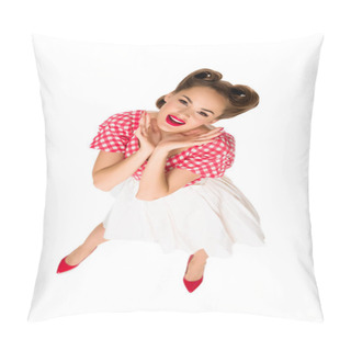 Personality  Overhead View Of Attractive Young Woman In Retro Clothing Isolated On White Pillow Covers
