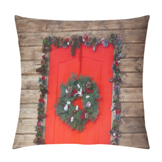 Personality  Christmas Wreath Made Of Spruce Branches, Red Balls, Cones On The Wooden Background Pillow Covers