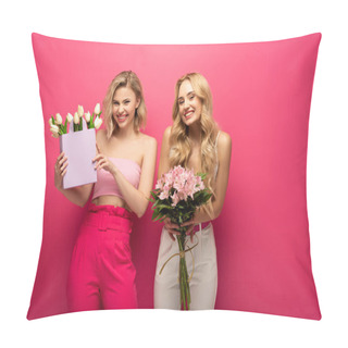 Personality  Cheerful Blonde Girls Holding Bouquets And Smiling At Camera On Pink Background Pillow Covers