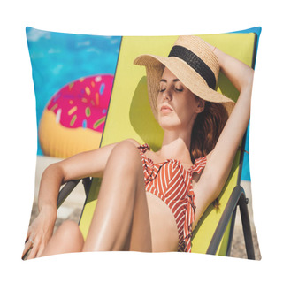 Personality  Attractive Young Woman In Straw Hat Relaxing On Sun Lounger At Poolside Pillow Covers