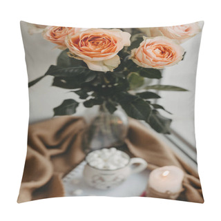 Personality  Morning Cup Of Coffee, White Notebook, Roses In A Vase. Beautiful Breakfast. Flat Lay Style. Pillow Covers
