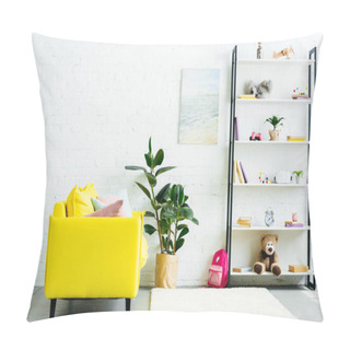 Personality  Cozy Interior With Yellow Couch And Books With Toys On Shelves  Pillow Covers