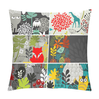 Personality  Set Of Horizontal Cards With Birds And Animals. Pillow Covers