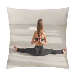 Personality  Back View Of Woman In Reverse Prayer Pose Doing Twine Stretching On Floor Pillow Covers