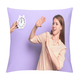 Personality  Frustrated Female Student Trying To Hide From Alarm Clock, Deadline Is Overdue Pillow Covers