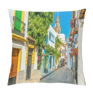 Personality  Scenic Sight In The Picturesque Cordoba Jewish Quarter With The Bell Tower Of The Mosque Cathedral. Andalusia, Spain. Pillow Covers