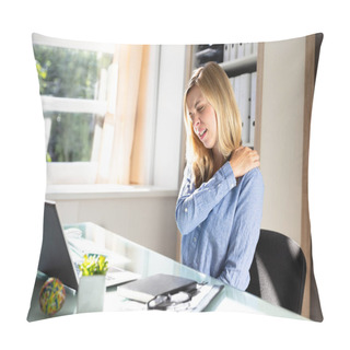 Personality  Young Businesswoman Suffering From Neck Pain Sitting In Office Pillow Covers