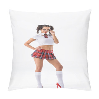 Personality  Young Sexy Schoolgirl In Red Plaid Skirt And Eyeglasses Isolated On White Pillow Covers