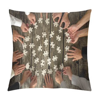 Personality  Businessmen Hands Holding Puzzle Pieces On Table Pillow Covers