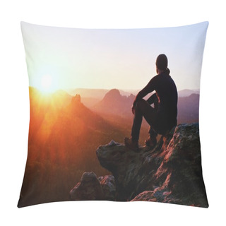 Personality  Tired Adult Hiker In Black Trousers, Jacket And Dark Cap Sit On Cliff Edge And Looking To Colorful Mist In Valley Bellow Pillow Covers
