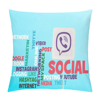 Personality  Social Media Lettering And Card With Viber Logo Isolated On Blue Pillow Covers