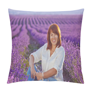 Personality  Happy Redhead Woman Sitting In The Lavender Field Pillow Covers