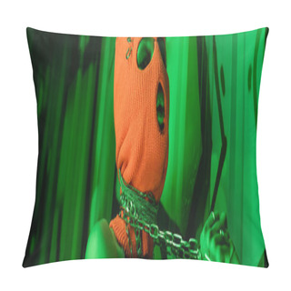 Personality  Seductive Woman In Orange Balaclava Holding Metallic Neck Chains Near Green Wall With Graffiti, Banner Pillow Covers